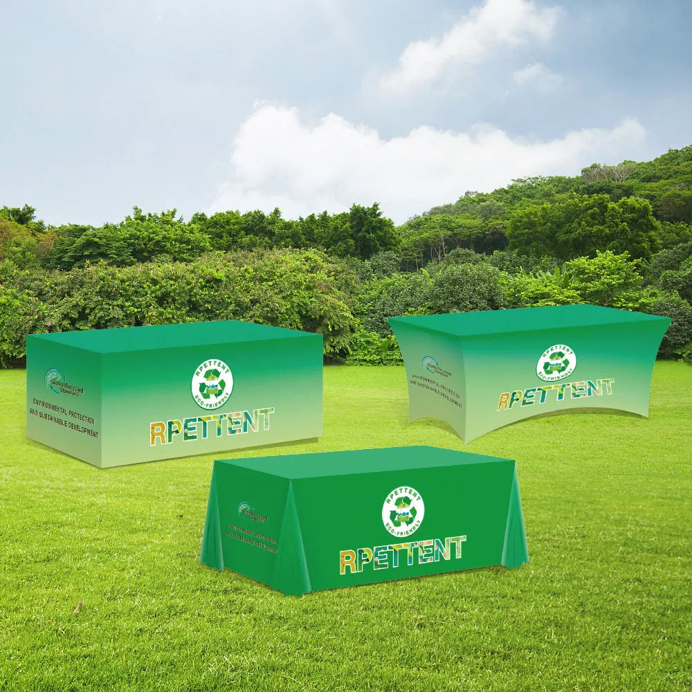 Promote your brand sustainably with our Custom RPET Advertising Table Cover – crafted from recycled materials for an eco-friendly and high-visibility display.